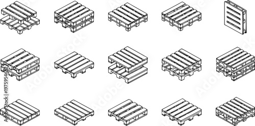 Black and White Line Art Illustration of Various Shipping Pallets in Isometric View