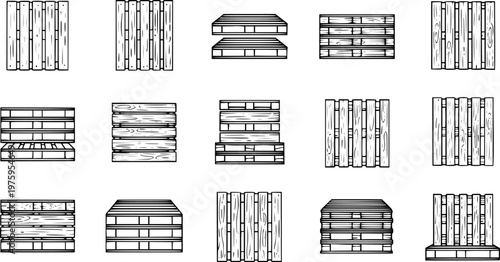 Black and White Line Art Icons of Wooden Pallets, Industrial Storage and Logistics Objects