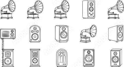 Vintage Gramophone and Modern Speaker Icons, Black and White Line Art Technology Set