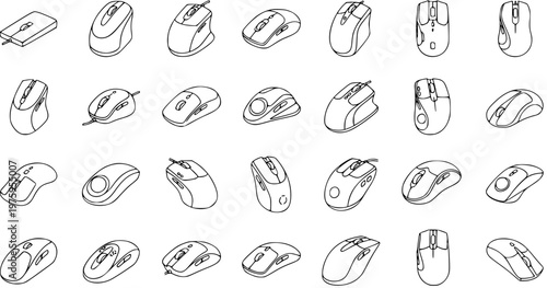 Black and White Line Art of Diverse Computer Mouse Designs for Technology Industry