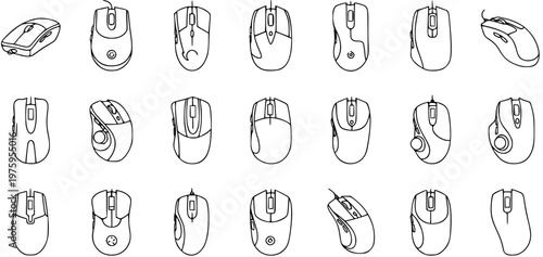 Technology Computer Mouse Outline Line Art Vector Set. Collection of Various Wired and Wireless PC Mice Input Devices in Black and White Sketch Style.