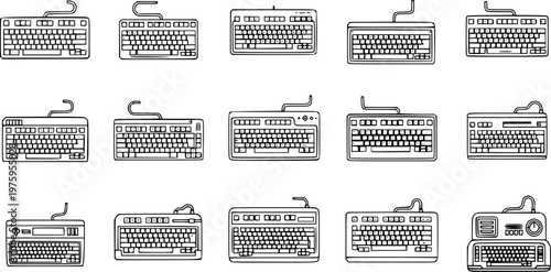 Technology Computer Keyboards Vector Line Art Set. Various PC Peripheral Input Device Outlines for Typing, Digital Communication, and Office Work.
