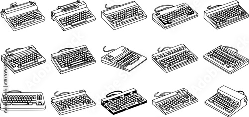 Black and White Line Art Vector of Various Retro Computer Keyboards
