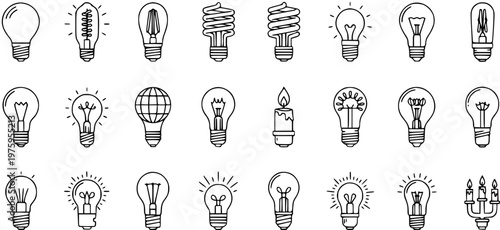 Black and White Line Art Icons of Various Light Bulbs and Candles for Technology and Ideas