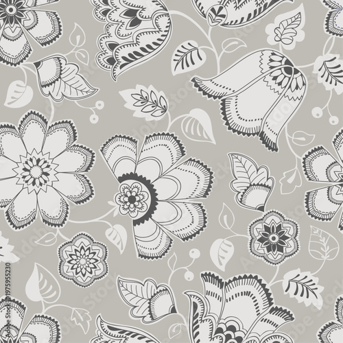 Fleurs de type Indiennes graphiques noires et beige pour du design textile au raccord