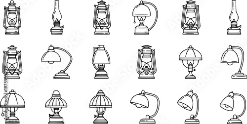 Lighting  Home Decor Line Art Icons Set: Collection of Various Lamps, Lanterns, and Light Fixtures in Black  White Outline Style