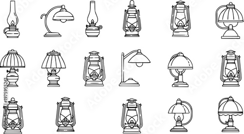 Vintage Lighting Collection: Black and White Line Art Icons of Old Lamps and Lanterns for Home Decor and Camping