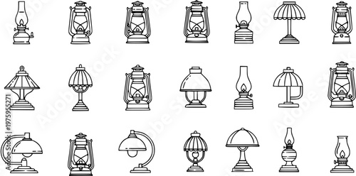 Vintage and Antique Lamps, Lanterns, and Oil Lamps Line Art Icons Set. Retro Table Lamps Outline Collection for Home Decor and Lighting