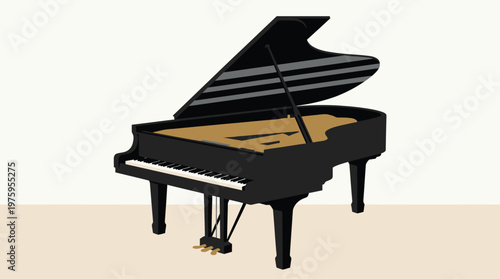 A black grand piano on a beige background.