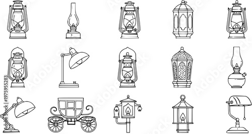 Black and White Line Art Collection: Vintage Lamps, Decorative Lanterns, Modern Desk Lights, and a Classic Carriage
