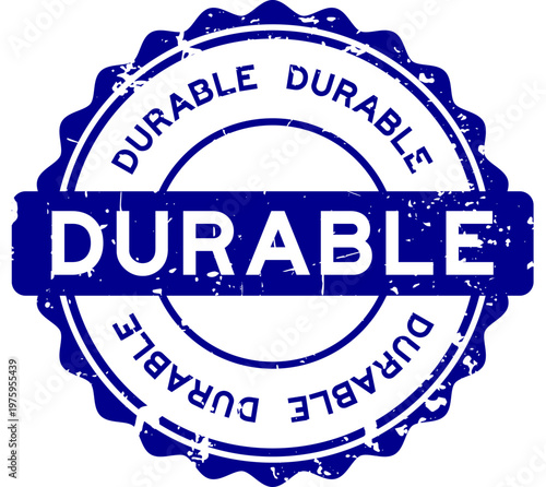 Grunge blue durable word round seal stamp on white background