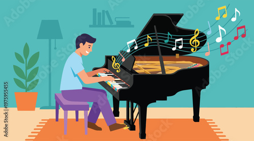 Man playing piano in living room.