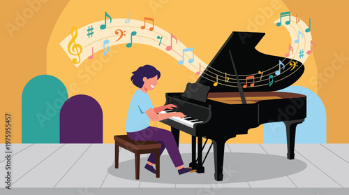 a cartoon person playing a piano.