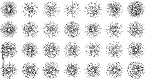 Black and White Line Art Broken Glass Cracks Vector Set: Shattered Window, Bullet Hole, and Radial Impact Patterns for Security, Accident, and Graphic Design
