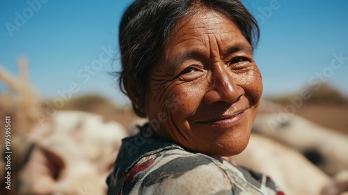 Rural Life: Woman with Smiling Expression, Fields in Background