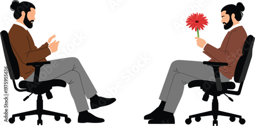 Bearded man with hair bun sitting on office chair holding red flower character set isolated vector illustration