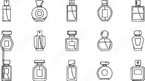 Beauty  Fragrance Industry Black and White Line Art: Perfume Bottles Icon Set. Outline Sketch for Fashion, Luxury, and Cosmetic Products
