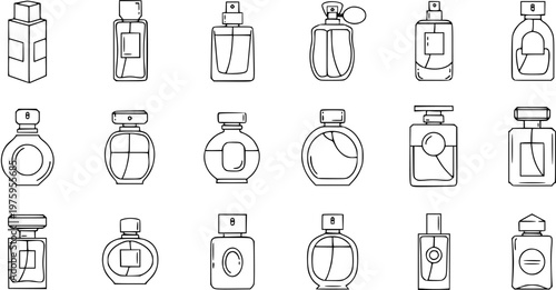 Collection of Black and White Line Art Perfume Bottles, Hand Drawn Doodle Icons for Beauty and Fragrance Industry Vector Set.