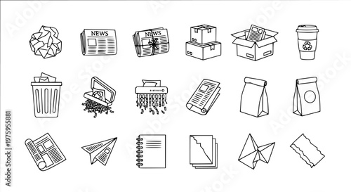 Black and White Line Art Icons Representing Paper Waste and Recycling: News, Trash, Boxes, Bags, and More