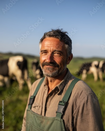 Rural Farmer in Overalls with Cows, Smiling at the Camera