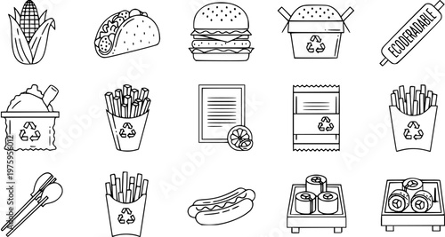 Black  White Line Art Eco-friendly Food Delivery and Fast Food Packaging Icons Set: Sustainable Takeaway  Recycling Symbols