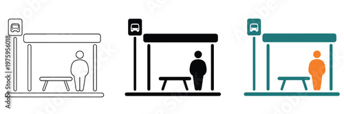 Urban bus stop icons in line, bold, and colorful styles, vector illustration collection for modern transportation design, city maps, and public transit applications.