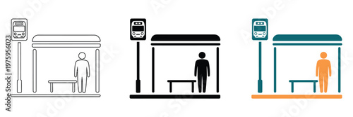Urban bus stop icons in line, bold, and colorful styles, vector illustration collection for modern transportation design, city maps, and public transit applications.