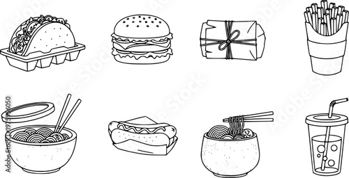 Black and White Line Art Icons of Various Fast Food Items - Taco, Burger, Wrap, Fries, Noodles, Hot Dog, Drink