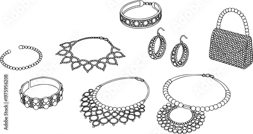 Fashion Industry Jewelry and Accessories Black and White Line Art Collection. Outline Drawing of Necklaces, Bracelets, Earrings, Handbag.