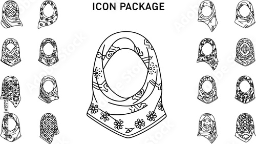 Black and White Line Art Icon Package of Diverse Hijab Styles for Islamic Fashion