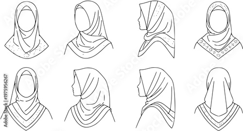 Islamic Fashion Hijab and Headscarf Styles Black  White Line Art Set. Outline Drawing of Muslim Women's Head Coverings for Cultural Design