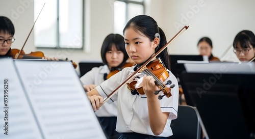 East Asian Teenager Playing Violin in Orchestra Class