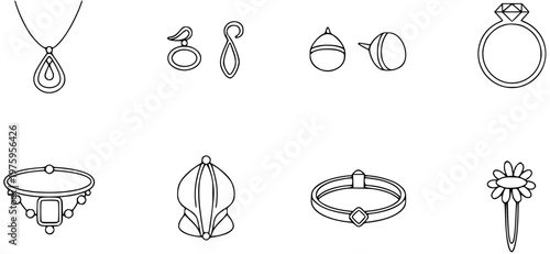 Stylish Fashion Jewelry and Accessories Vector Line Art Icons Set including Necklace, Rings, Earrings, Bracelets, and Hair Clip in Outline Style
