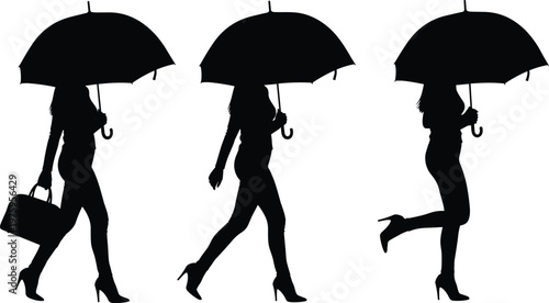 Elegant female silhouettes with umbrella walking in rain, stylish women vector illustration isolated on white background