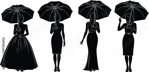 Elegant female silhouettes with umbrellas in vintage dresses, stylish women vector illustration isolated on white background