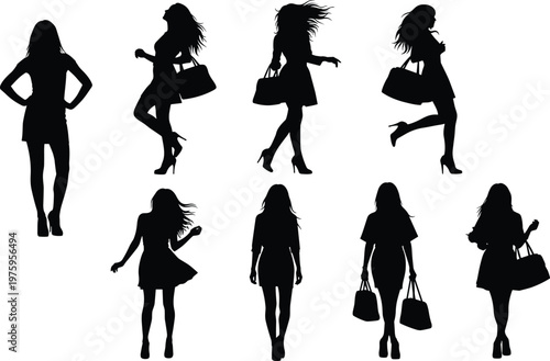 Collection of stylish female silhouettes with handbags walking and posing, fashion women vector illustration isolated set