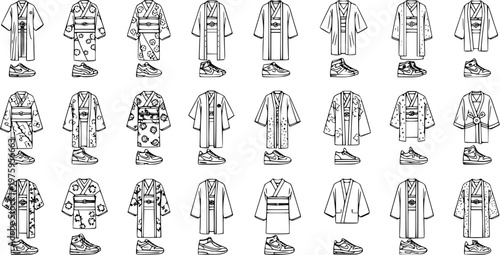 Black and White Line Art of Kimono Outfits with Sneakers, Fashion and Style