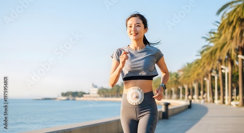 Running Asian Woman with Ostomy Bag Smiling Towards Camera