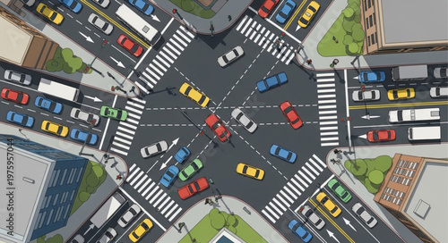 Aerial View of Busy City Intersection with Heavy Traffic.