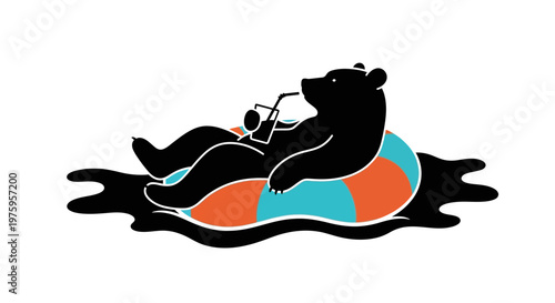 Bear relaxing on inflatable ring with drink in water.