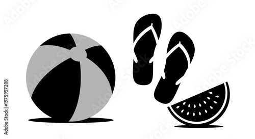 Beach ball, flip-flops, and watermelon slice, summer vacation essentials, black and white illustration.