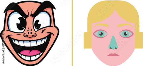 A vector comparison of two character faces: a highly expressive, grinning male cartoon with exaggerated features and a flat, minimalist female avatar with a neutral expression and simple shapes.
