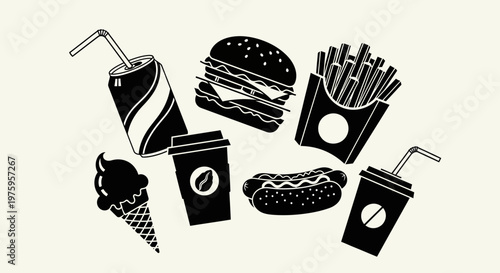 Black and white illustration of various fast food items.