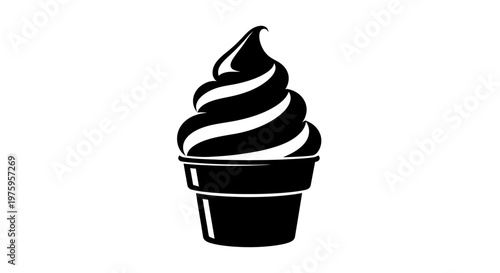 Black and white illustration of a delicious soft-serve ice cream cone, a sweet frozen dessert perfect for summer treats.