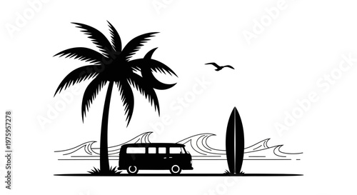 Vintage surf van and surfboard on a tropical beach with palm trees and ocean waves.