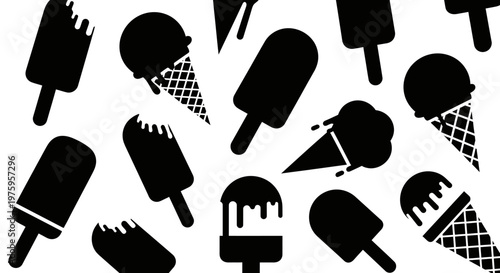 Black and white seamless pattern with various ice cream treats.