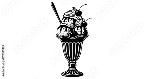 Classic Ice Cream Sundae with Cherries and Whipped Cream.