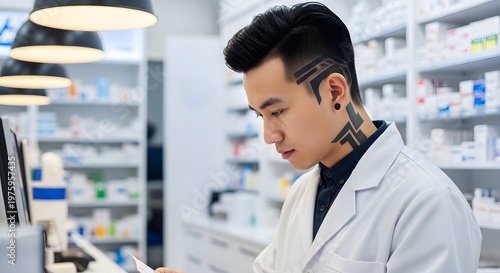 Asian Pharmacist Examining Prescription in Modern Pharmacy