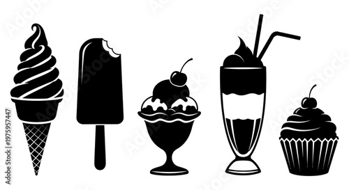 Collection of delicious frozen desserts and sweet treats silhouettes.