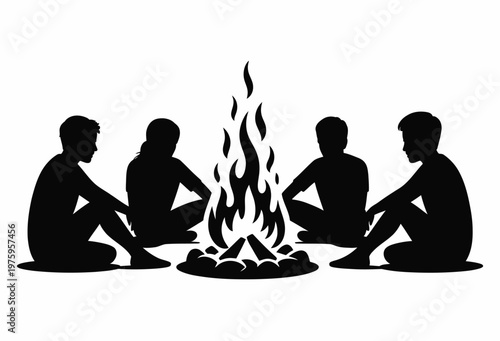 Campfire silhouette vector illustration of friends gathered around fire at night, perfect for camping, adventure, nature, and outdoor leisure graphics.